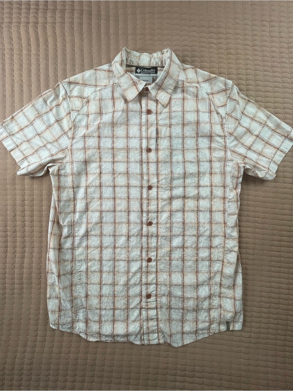 Columbia Cotton Plaid Button Up Subtle Tropical Print and Zip Chest Pocket Large